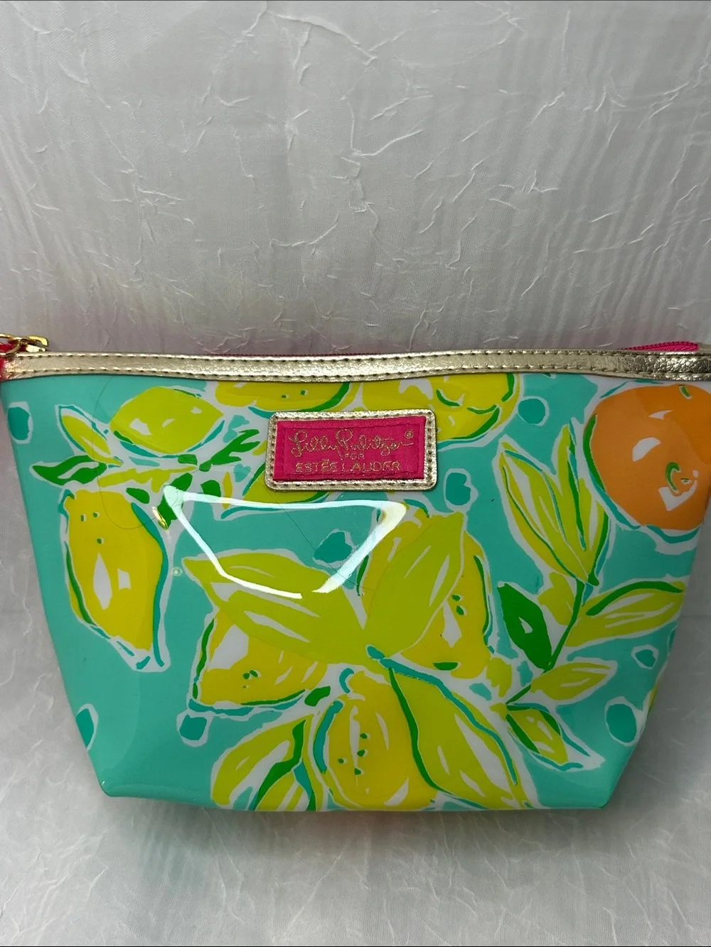 Lilly Pulitzer for Estée Lauder Aqua Lemon Print Cosmetic Pouch with Pink Trim
